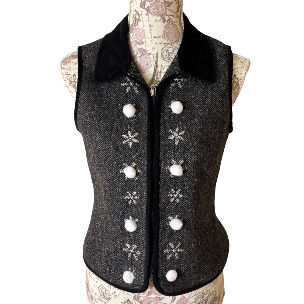 Vintage Holiday Herringbone Vest Snowflake Pom Pom Velvet Collar‎ Zipper SP